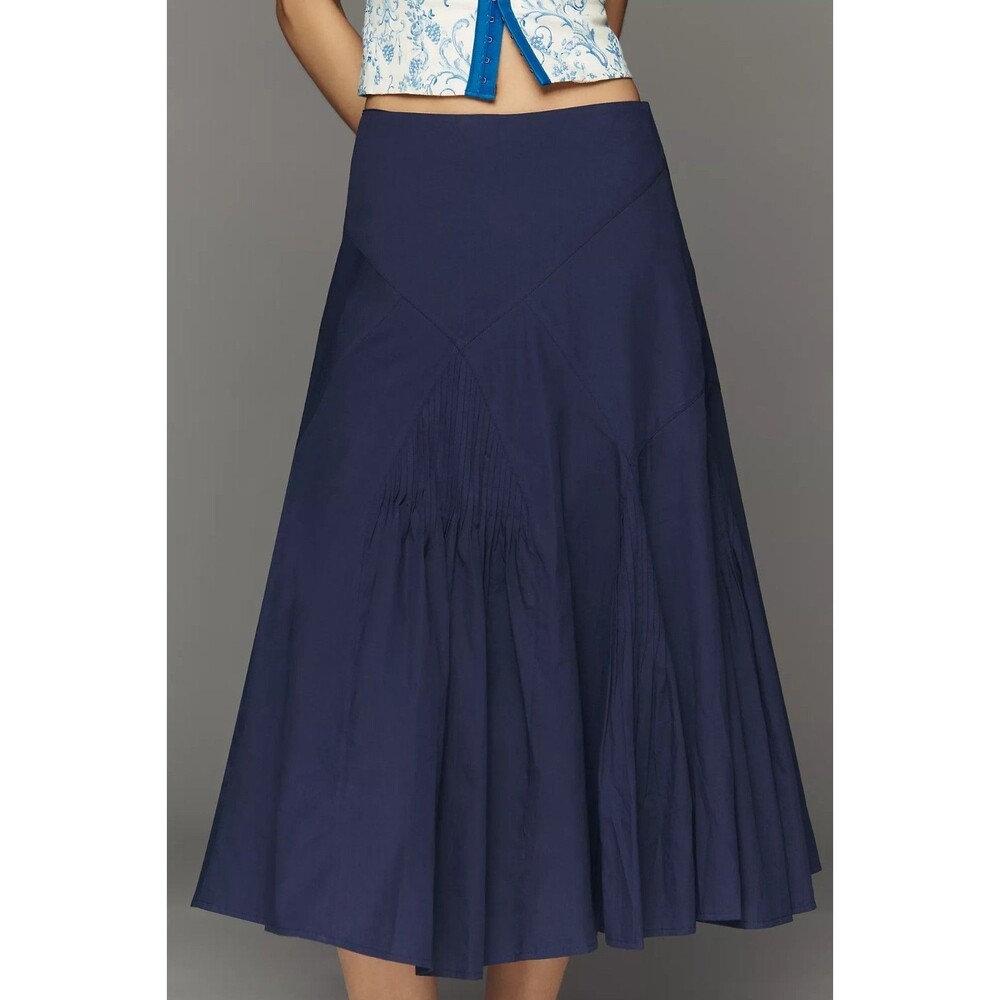 Anthropologie By Maeve Pintuck Midi Skirt Low-Rise Pull-on Cotton Navy M 290436